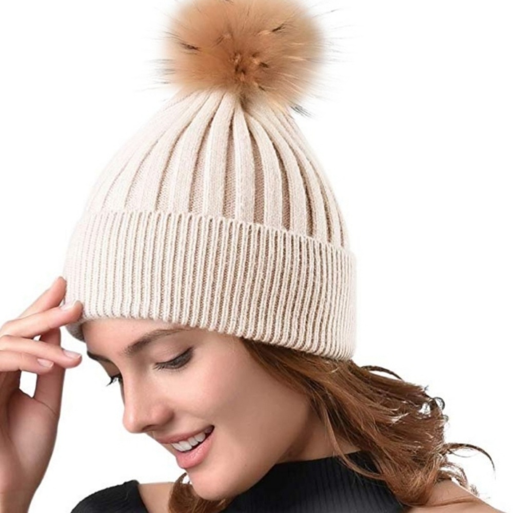 Beige Ribbed-Knit Pom Pom Winter Beanie Hat